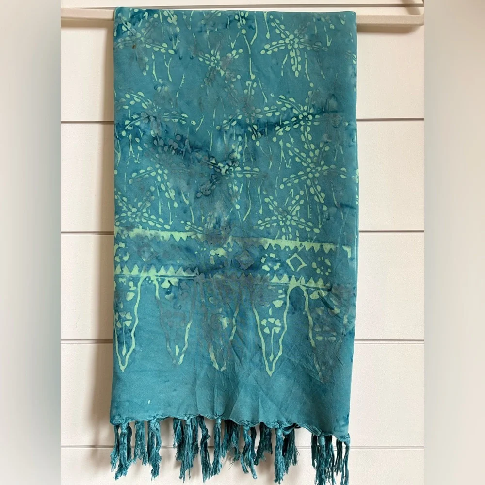 Batik Teal and Green Patterned Scarf Measuring 21 Inches by 62 Inches - Picture 2 of 5
